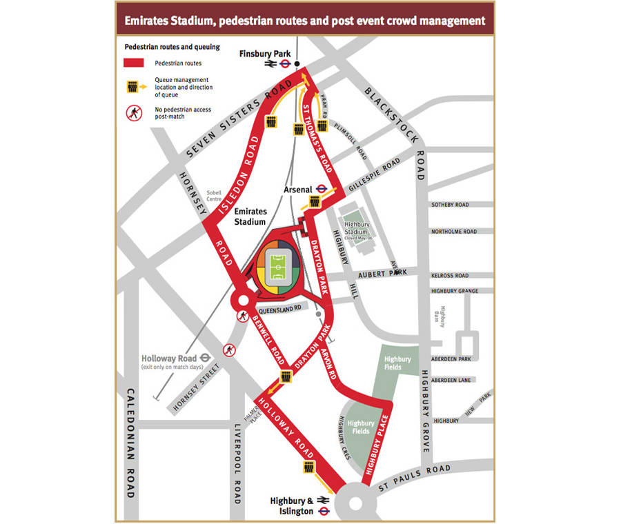 Map of surrounding roads around the Emirates Stadium as well as stations.