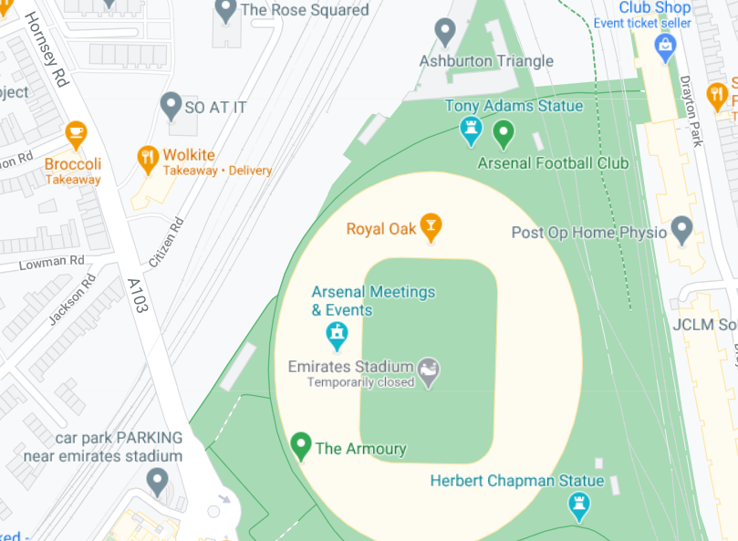 This is a map showing where the two shops are situated at the Emirates Stadium - one on Hornsey Road and the other on Drayton Park.
